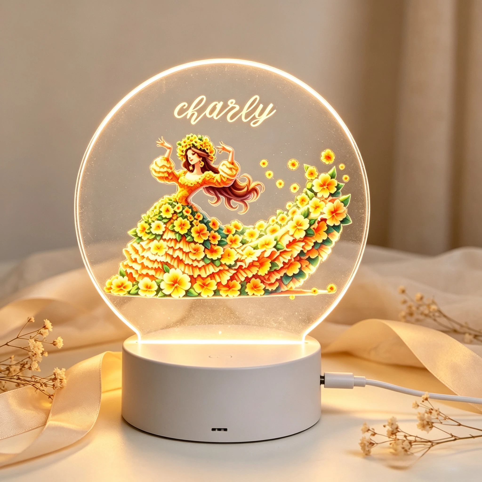 Custom Name LED Acrylic Night Light, Dancing Girl With Yellow Floral Dress Pattern USB Touch Lamp Girls Bedroom Birthday Gift