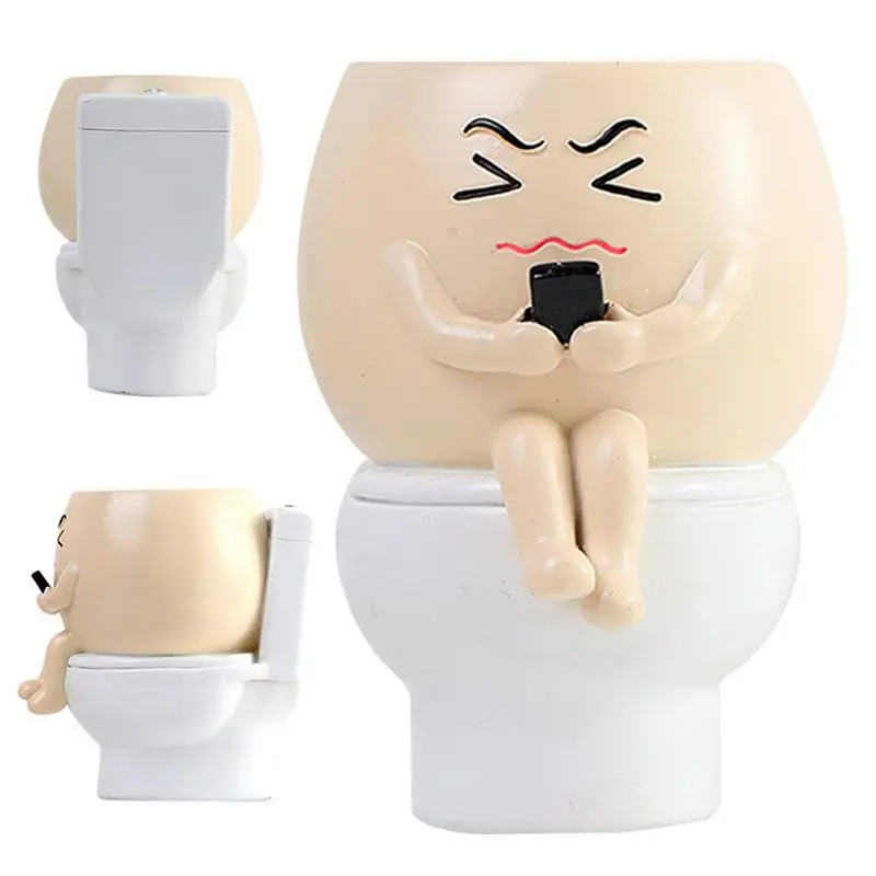 Creative Ceramic Cartoon Cute Frowning Face Planter Sit Toilet Flower Pot Container Desktop Micro-Landscape Home Decoration