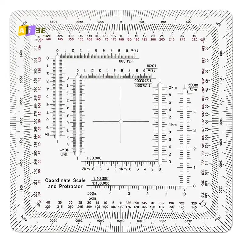 A13E-Square Military Coordinate Scale Protractor For Land Navigation, Military Style UTM/MGRS Coordinate Scale