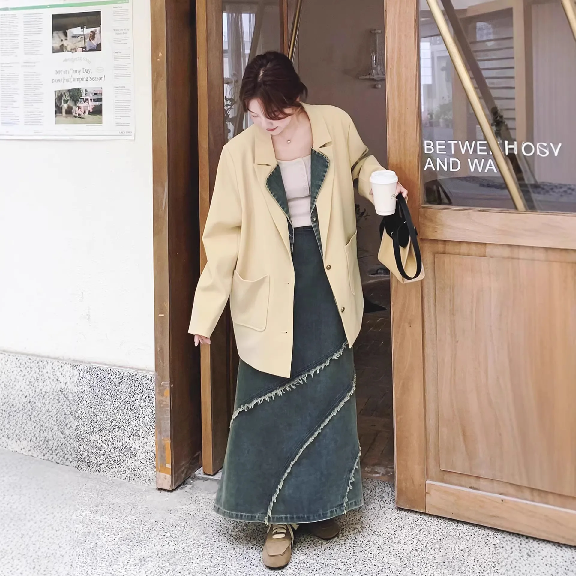 

SuperAen Japan Style Patchwork Notched Suit Fashion Women's Spring and Autumn New High Waist Washed Denim Skirts Sets