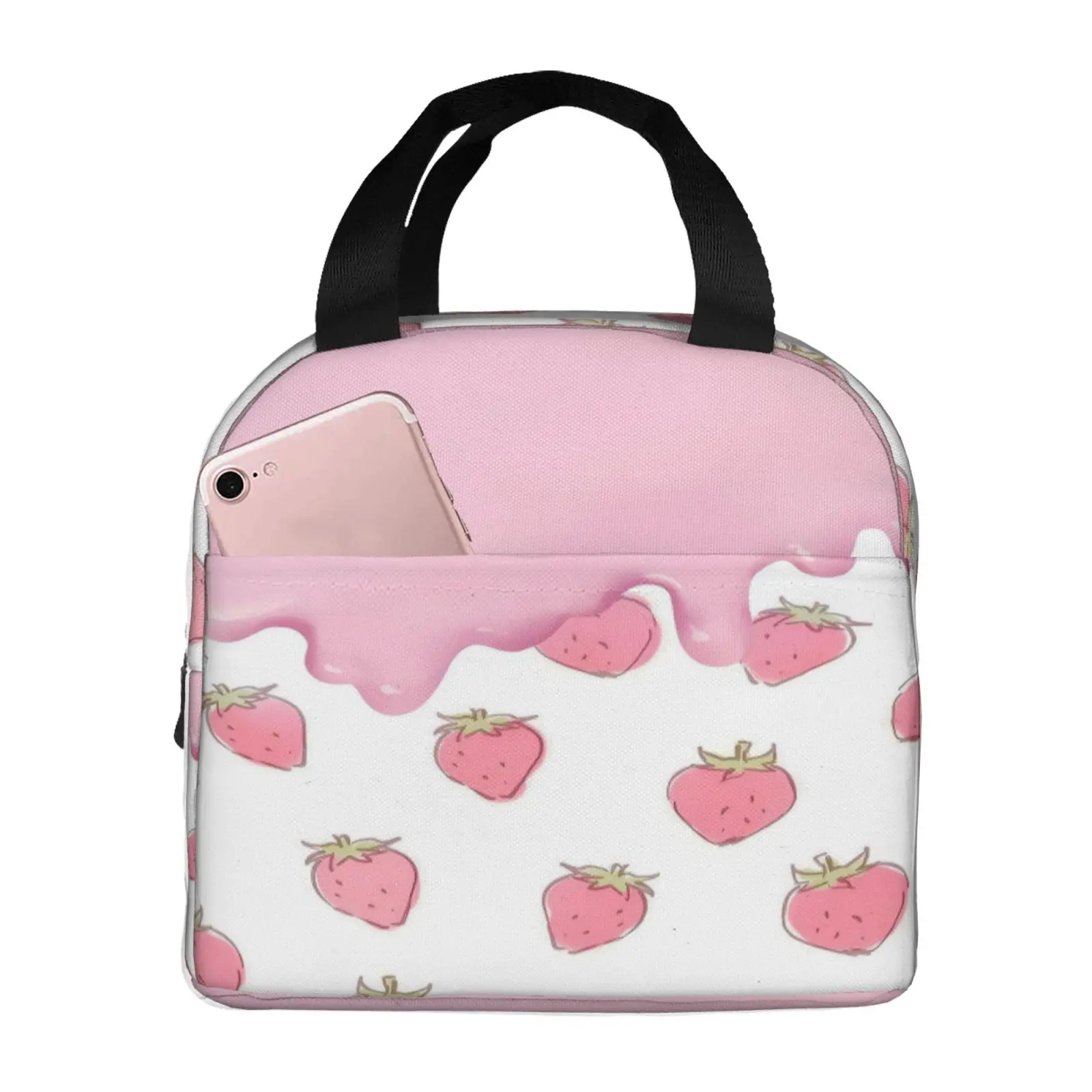 Pink Strawberry Ice Cream Pattern Insulated Lunch Box Leak-proof Thermal Cooler Lunch Bag for Men Women Kids Work Trip Picnic