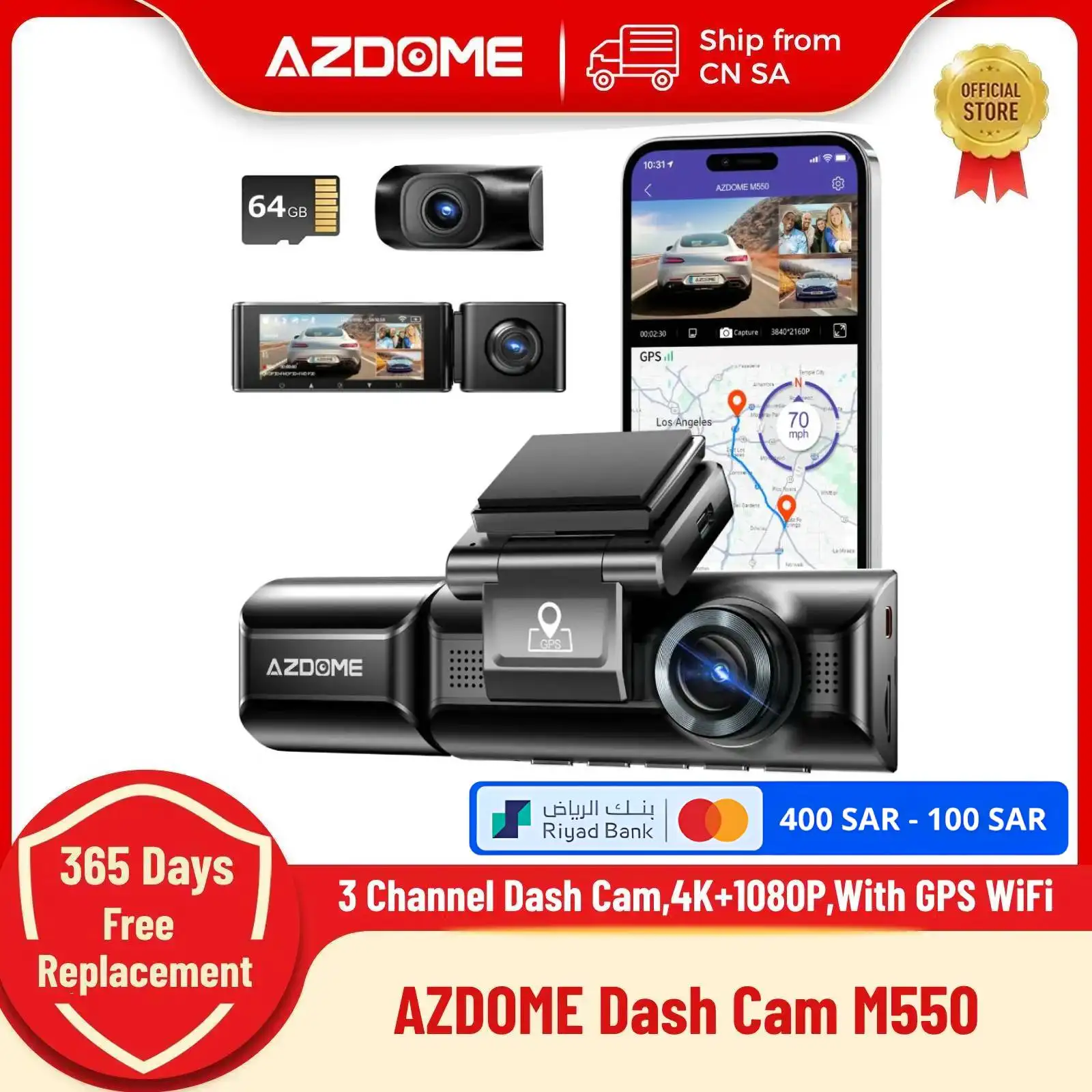 AZDOME-Caméra de Tableau de Bord M550 4K + 1080P, GPS Intégré, Wifi, Avant, Nik, Arrière, 3 Voies, IR, Vision Nocturne, Support DVR