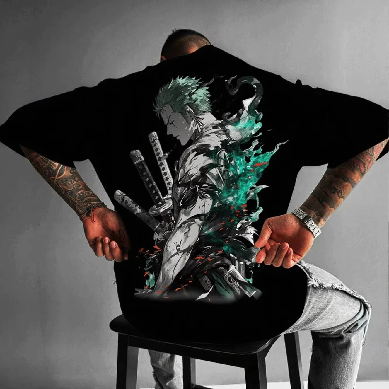 Uma peça anime roronoa zoro joint camiseta masculina verão nova rua hip hop diário casual pai criança manga curta topo