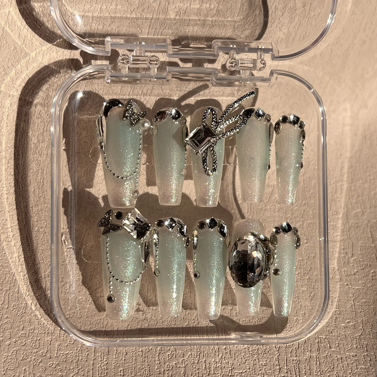 

10pcs Long Square False Nail Patches Handmade Flash Light Blue Press On Nails Diamond Metal Chain Butterfly Decor Fake Nail Tips