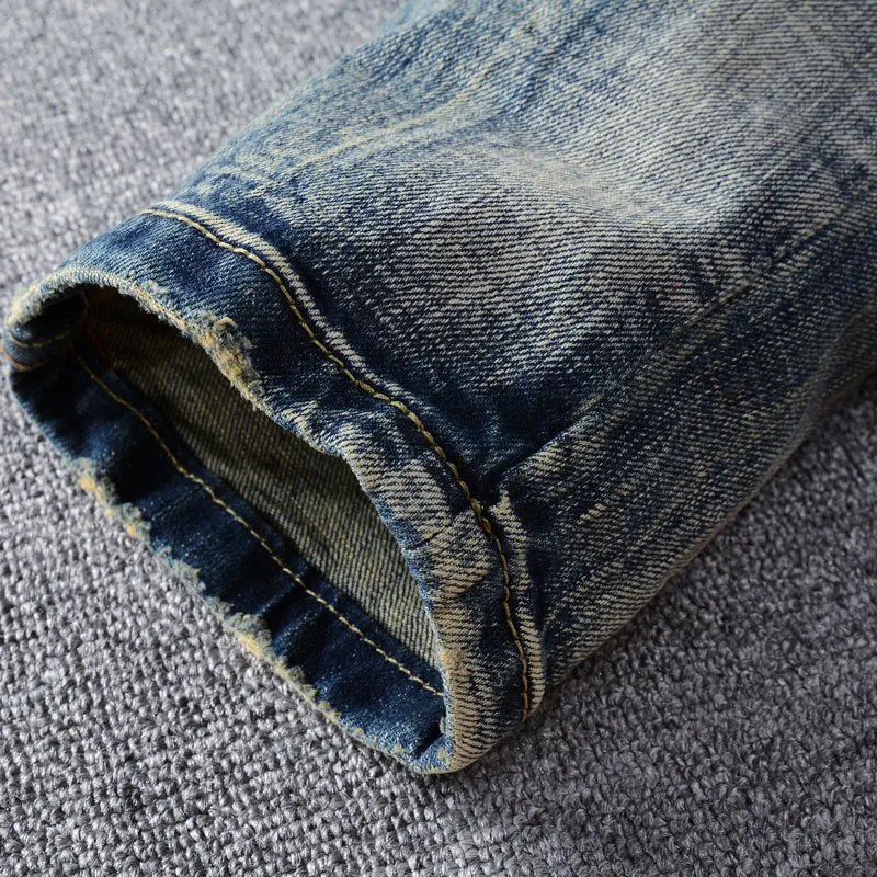 Fashion Designer Men Jeans High Quality Retro Washed Blue Stretch Slim Fit Frayed Ripped Jeans Men Vintage Denim Pants Hombre