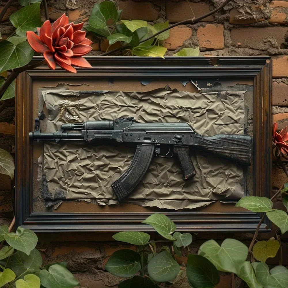 Vintage Metal Sign with AK-47 Design - Spring Summer Themed Wall Decor for Home, Garden, Studio, Gift for Fathers & Easter