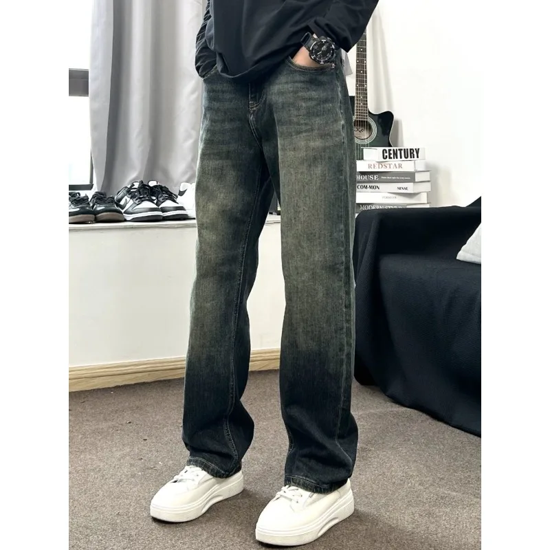 Fashion 2026 High Street Vintage Distressed Washed Jeans Men's Loose Straight Leg Casual Versatile Floor-Length Work Long Pants