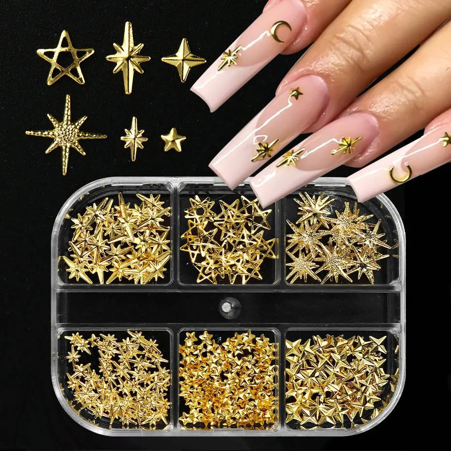 6 Grids Metal Star Nail Art Charms Parts Asterism Starlight Sparkle Jewelry Nail Art Rivets Stud Accessories For Manicure Decor