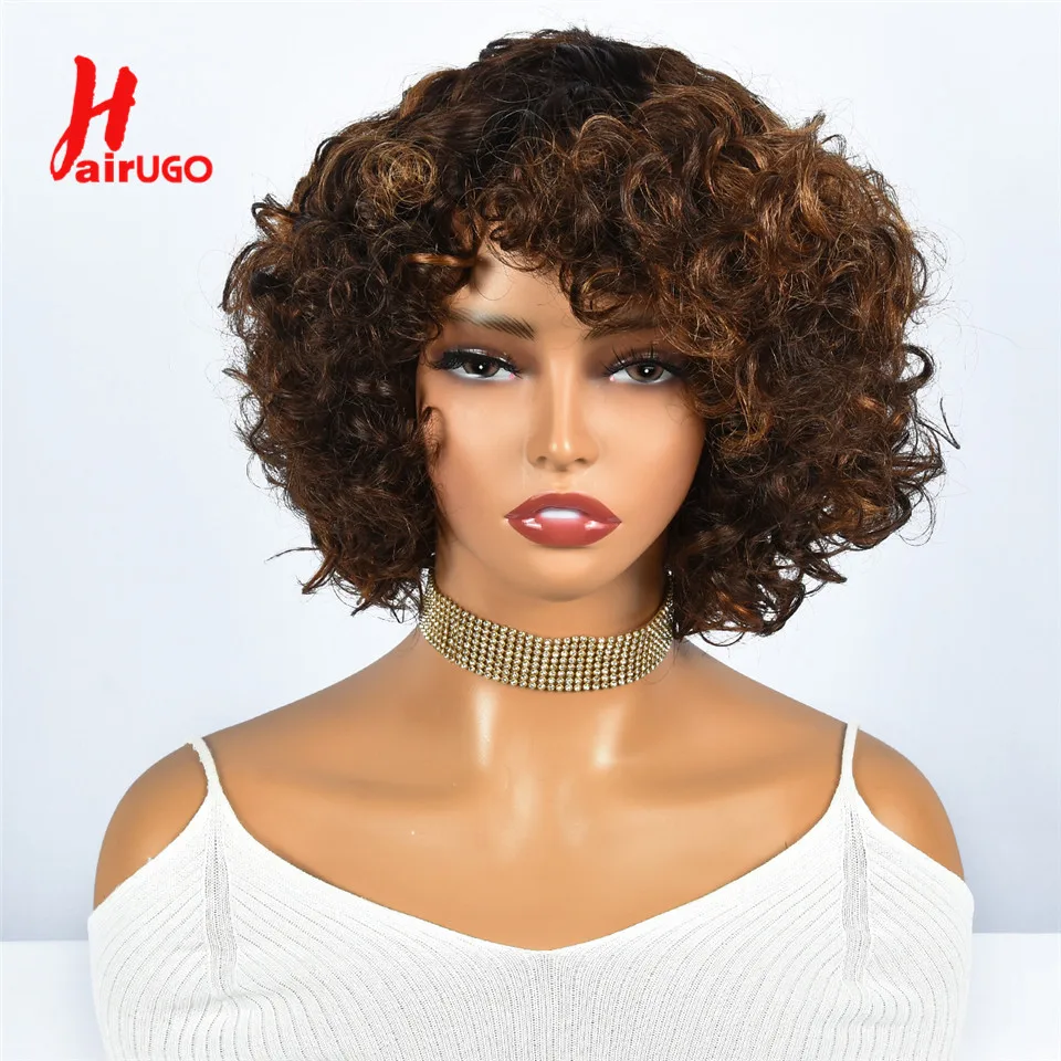 Highlight Lockige Pixie-Cut-Perücken aus Echthaar, Kleberlose Perücken mit Pony, Vollständig maschinell gefertigte Perücken mit Pony, Echthaarperücken Hairugo – Detail 6