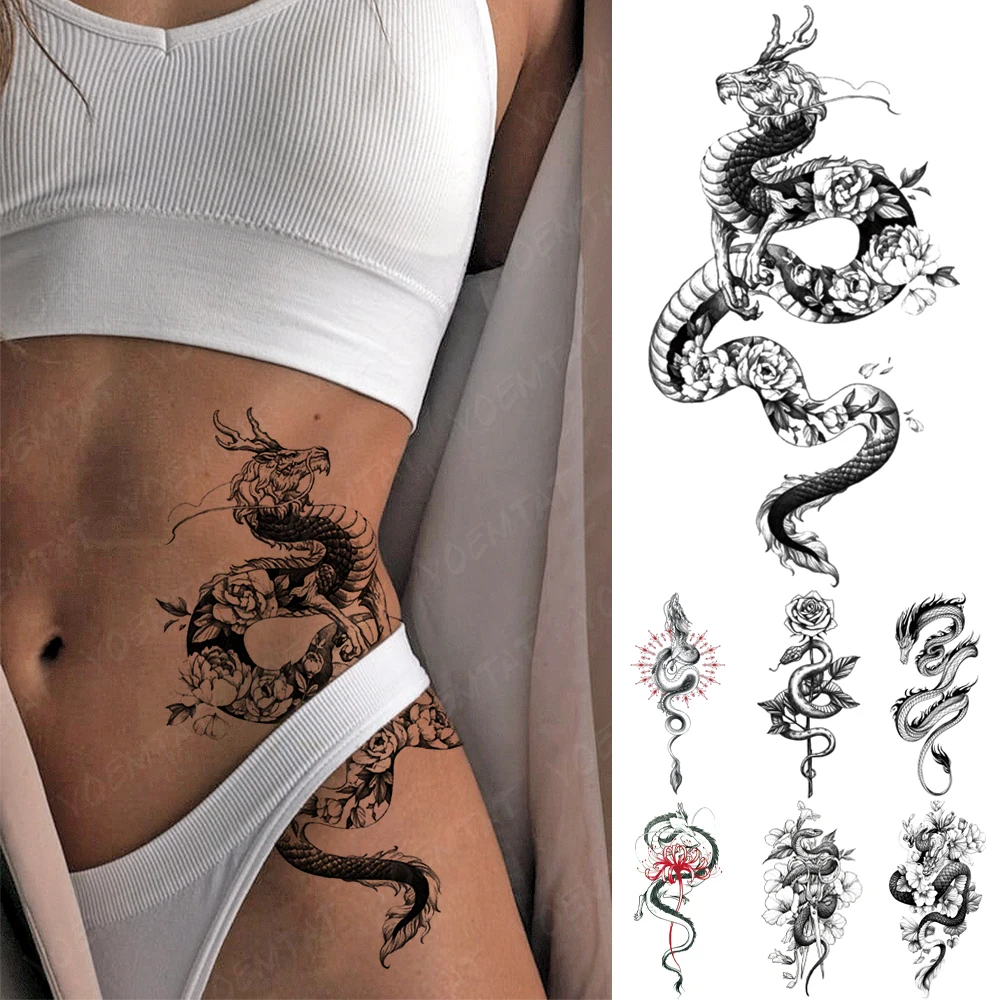 

Waterproof Temporary Tattoo Sticker Black Snake Dragon Totem Flash Tatto Tiger Flowers Roses Body Art Arm Fake Tatoo Men Women