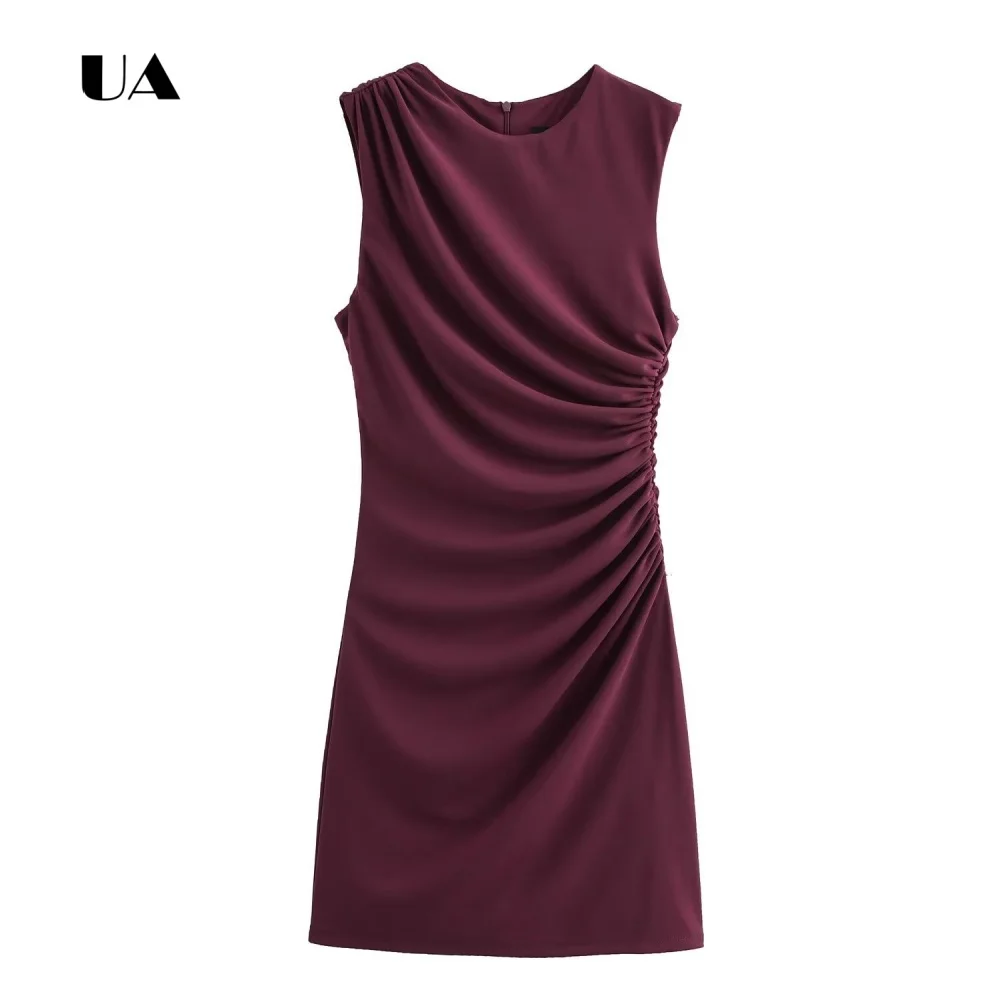

ULBYANRY Simple O-neck Steath Mini Dress, Solid Sleeveless Shirring Evening Dress for Woman, Classic Draped Cocktail Party Gown
