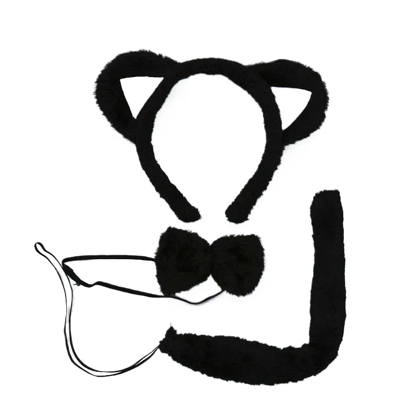 Adults Kids Cosplay Plush Boy Black White Cat Ears Headwear Tie Tail Animal Birthday Party Costume Accessories