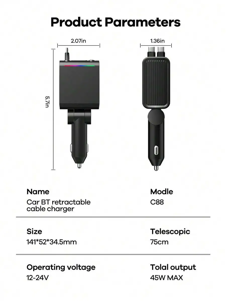 

Bluetooth Car Charger With RGB Lights And Retractable Cable PD Fast Charging Type-C For Android