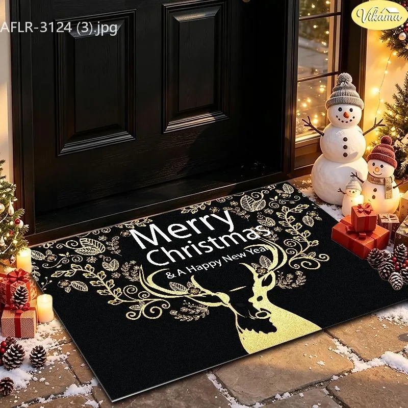 VIKAMA Christmas Doormat, Gold Deer Antlers, Merry Christmas & Happy New Year, Ornate Print, Soft Durable, Front Door