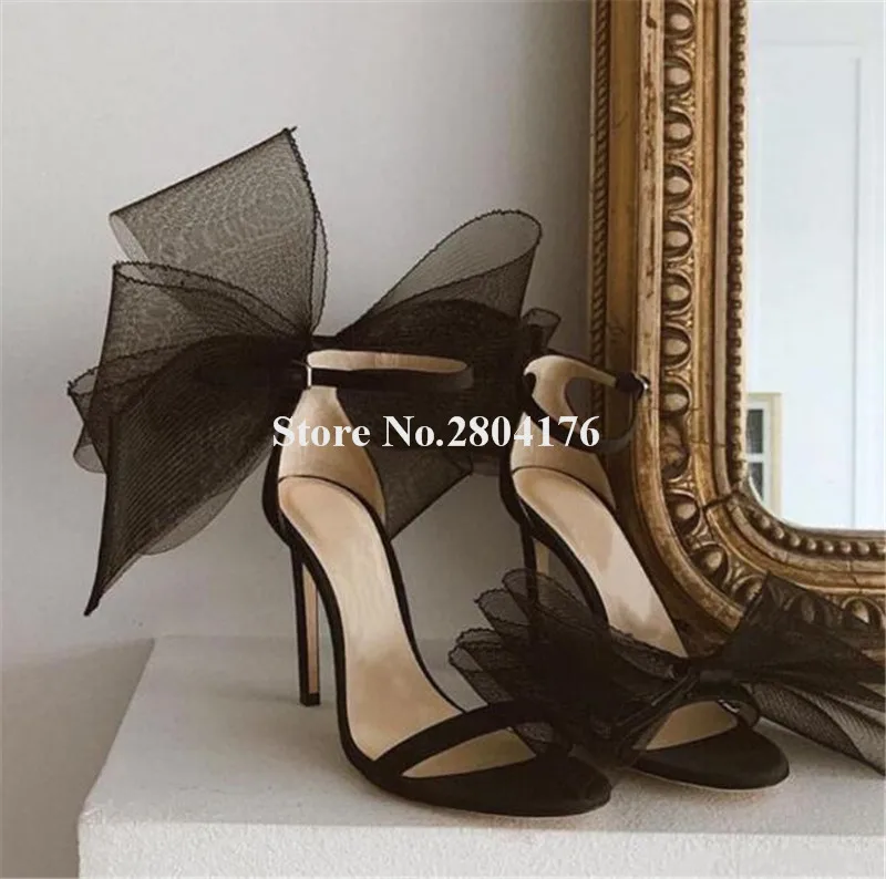 

Big Bows Sandals Charming Women One Straps Black White Mesh Butterfly-knots Stiletto Heel Sandals Wedding Shoes