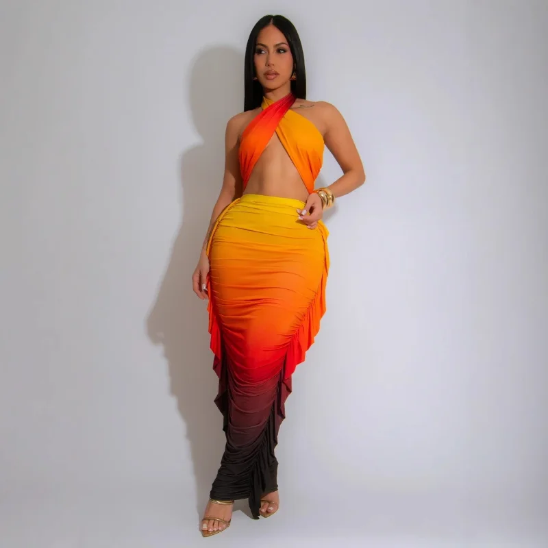 

2025 Summer Women Sexy Gradient 2 Piece Set Cross Halter Backless Crop Tops + Side Ruffles Ruched Bodycon Maxi Skirts Beachwear