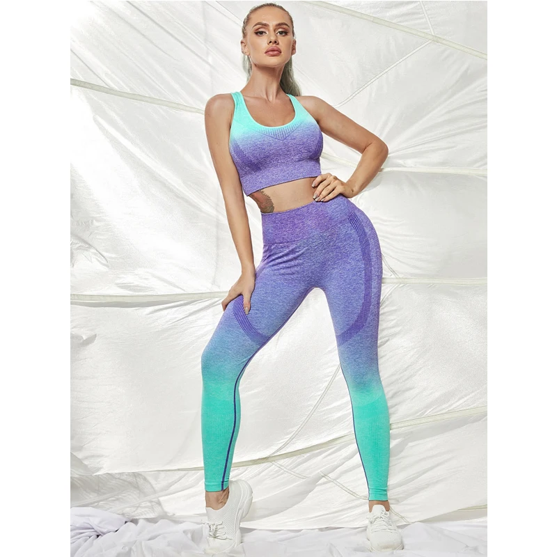 2/3PCS Seamless Women Yoga Set Long Sleeve Crop Top High Waist Leggings Fitness Workout Clothing Running Bra Sports Gym Suits