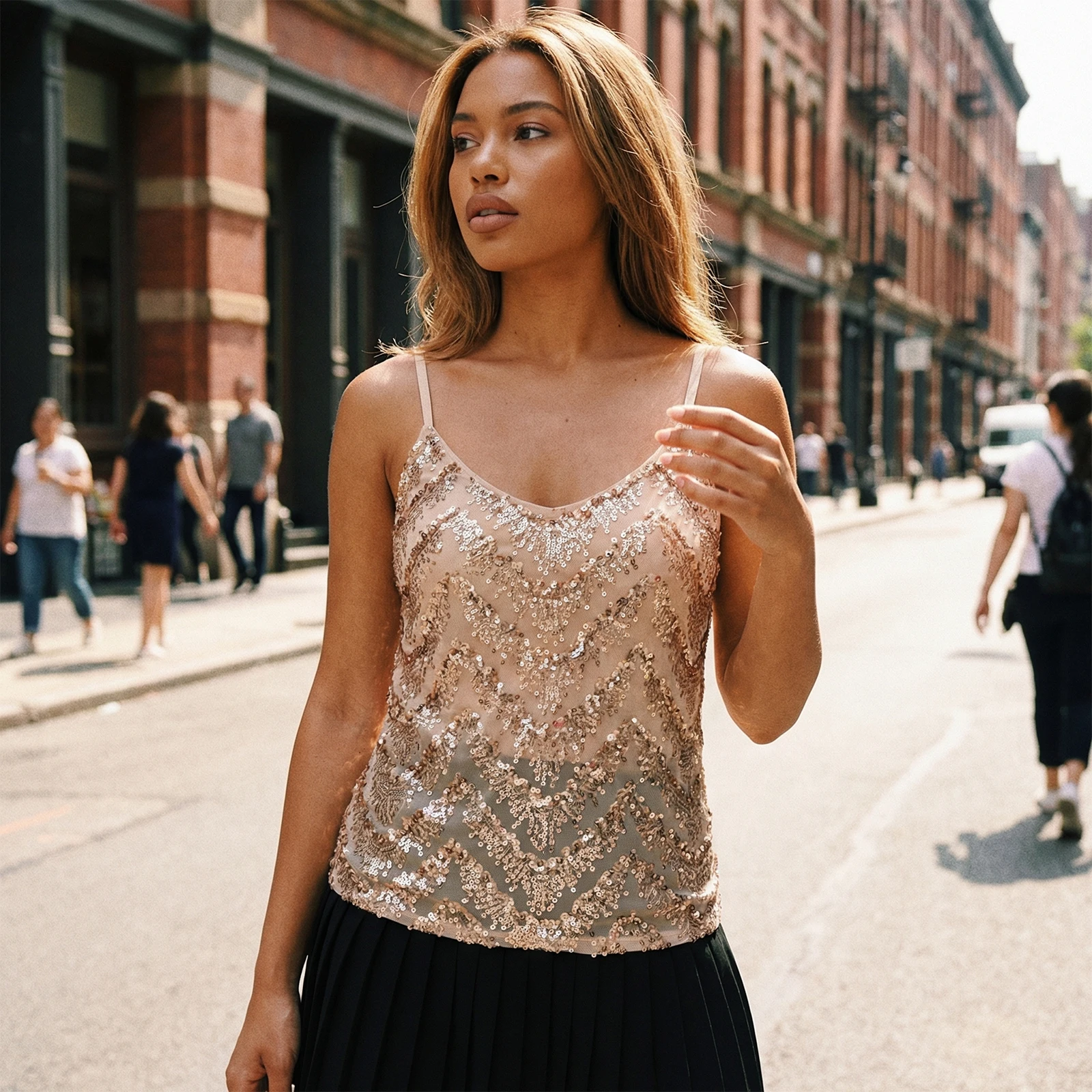 Wome Sleeveless Spaghetti Strap Scoop Neck Chevron Pattern Tank Tops Summer Solid Color Gold Sequin Camisole