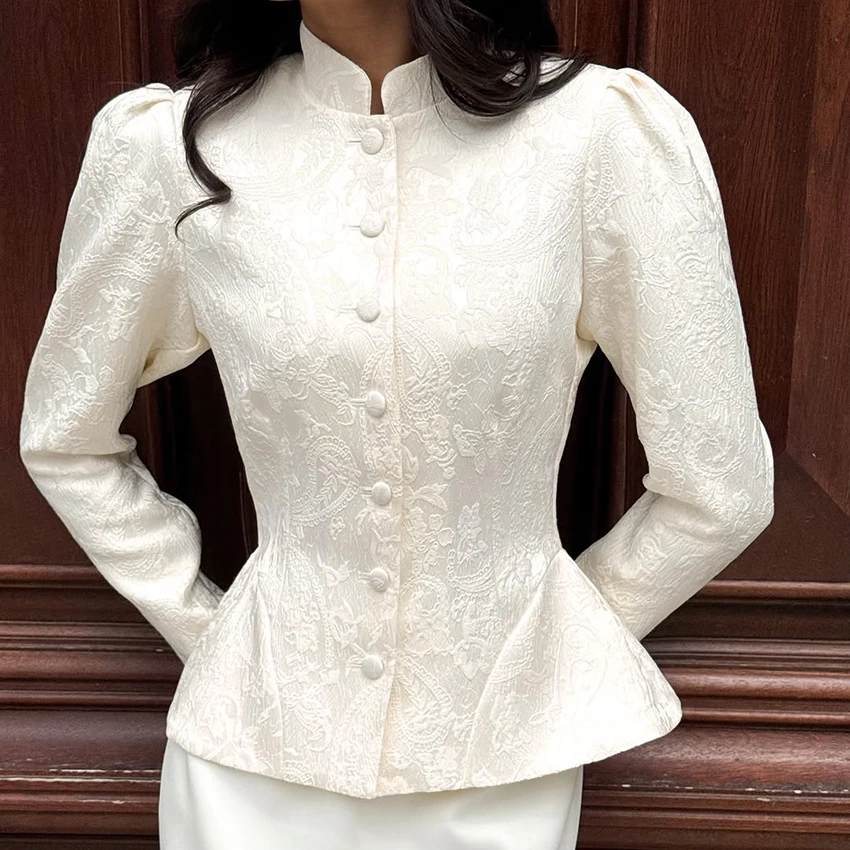 Linad Vintage Beige Jacquard Puff Sleeve Shirts Elegant Slim Stand Collar Blouse Woman Office Lady Single Breasted Tops 2026