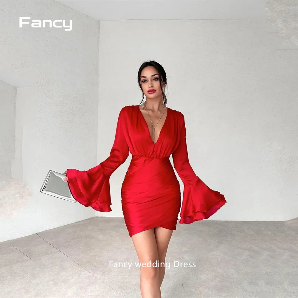 

Fancy Sexy Red Deep V Neck Mini Cocktail Dress Puff Sleeve Soft Satin Mermaid Prom Gown Saudi Arabia Special Event Dresses