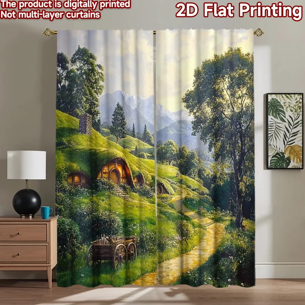 2D flat 2pcs Curtain French Romantic Style Hillside Cottage Path Digitally printed polyester, colorfast Festive Curtains Use for
