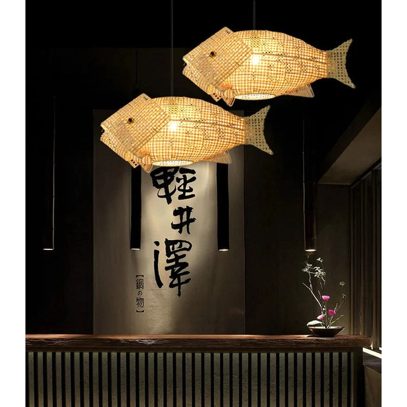 Carp Lantern New Chinese Restaurant Chandelier Coffee Shop  Creative Fish Japanese Sushi Southeast Asia Bamboo Pendant Light