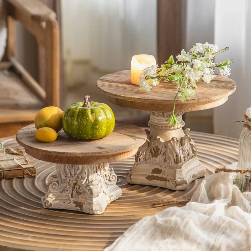 Handmade Wooden Display Storage Tray, Weathered White Risers, Carving Column, Cake Stand, Kitchen Decoration, Candle Holder