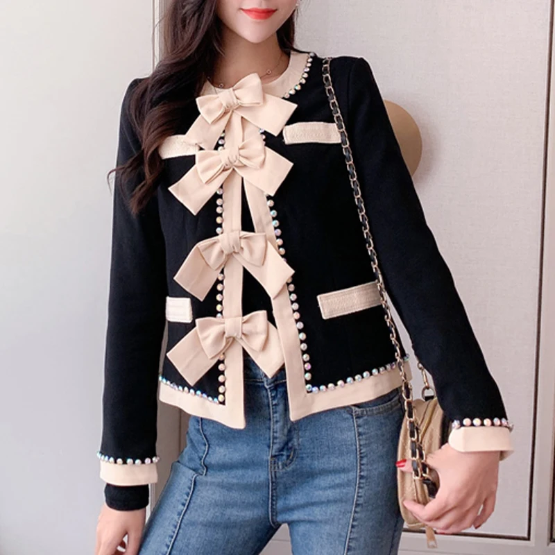 

2025 Fall Winter Jacket Women Black Cardigan Short Coat Bow Decoration Diamonds Beading Long Sleeve Casual 58914