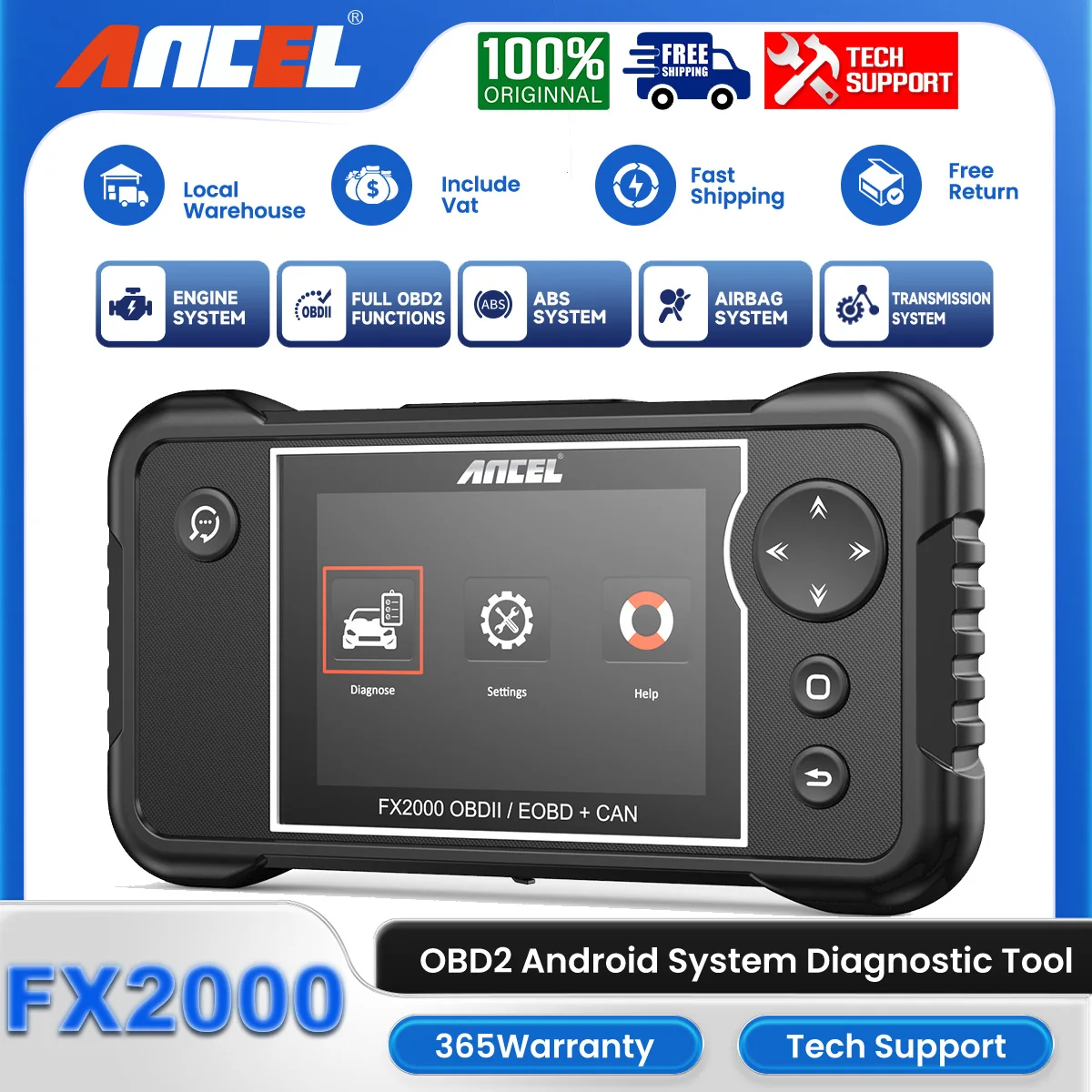 ANCEL FX2000 OBD2 Automotive Scanner Code Reader Car Engine ABS SRS Transmission OBDII Car Diagnostic Scan Tools Free Update