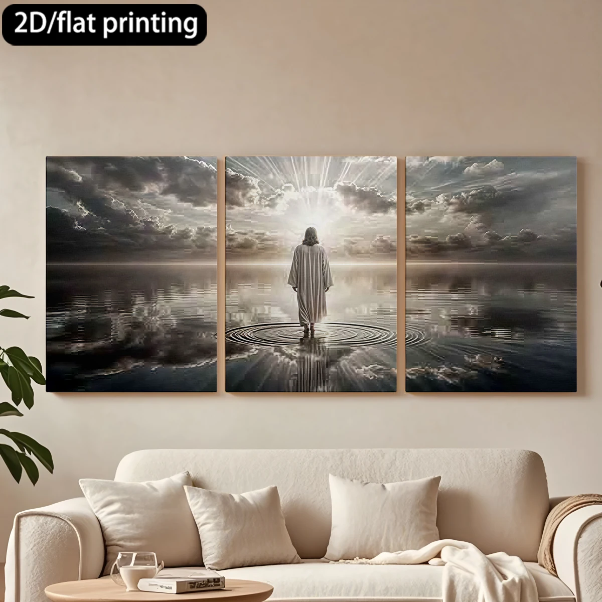 

2D плоская печать, 3-х частная декоративная картина на холсте в деревянной раме: фигура в одежде на воде, сияющее небо. Декор для коридора и спальни.