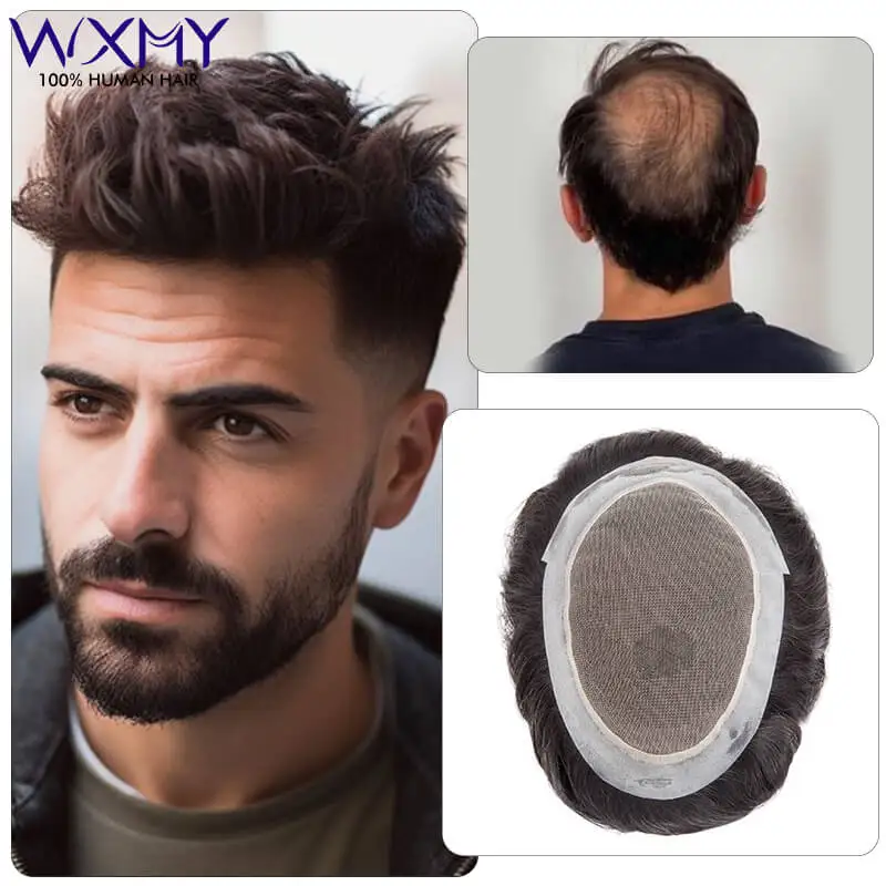 Prótesis de cabello masculino con Base de encaje y piel francesa, peluquín de cabello humano Natural de 6 ", sistema de reemplazo de cabello transpirable, Australia