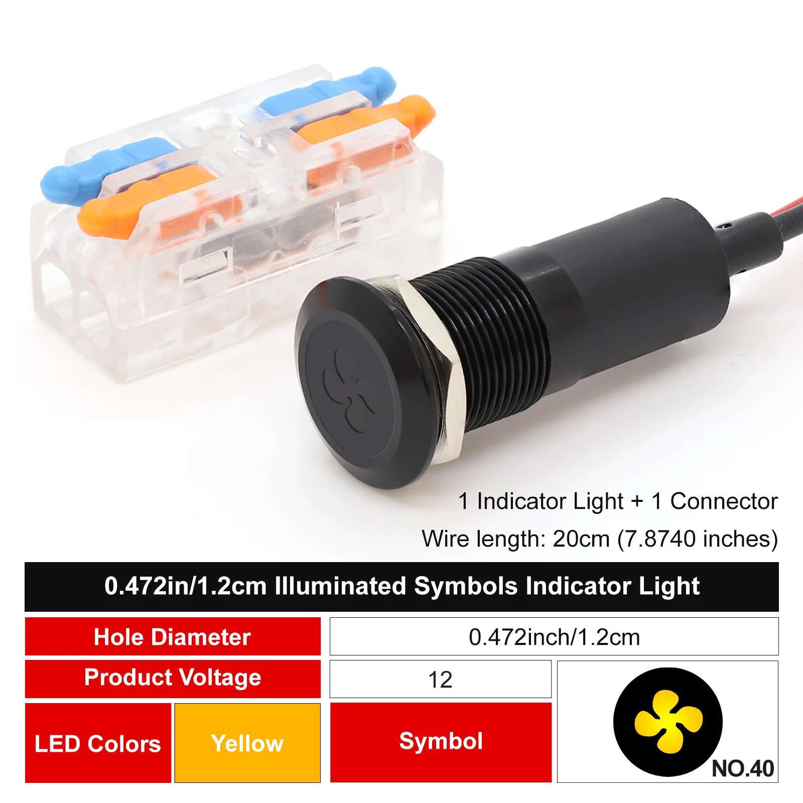 FILN 12mm Symbol-LED-Anzeigeleuchte 12V 24V Schwarze Metall-Anzeigeleuchte mit Kabel für Auto-Armaturenbrett und Maschinen