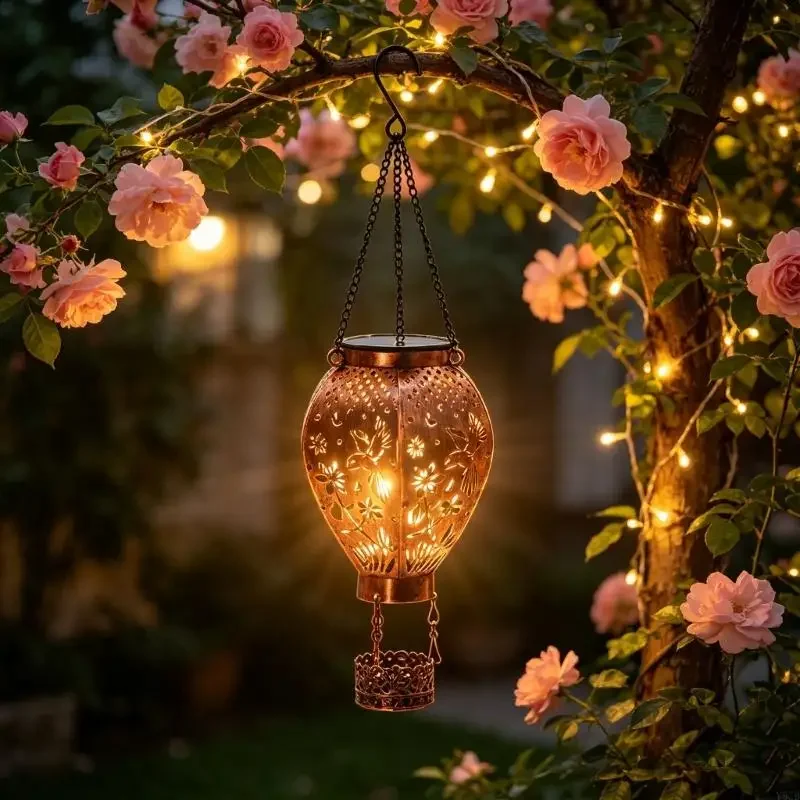Sun Panel Hanging Light, Metal Hot Air Balloon Form with Bird Flower Metal Body, Auto Night Use, Chain and Hook for Garden Y5GB
