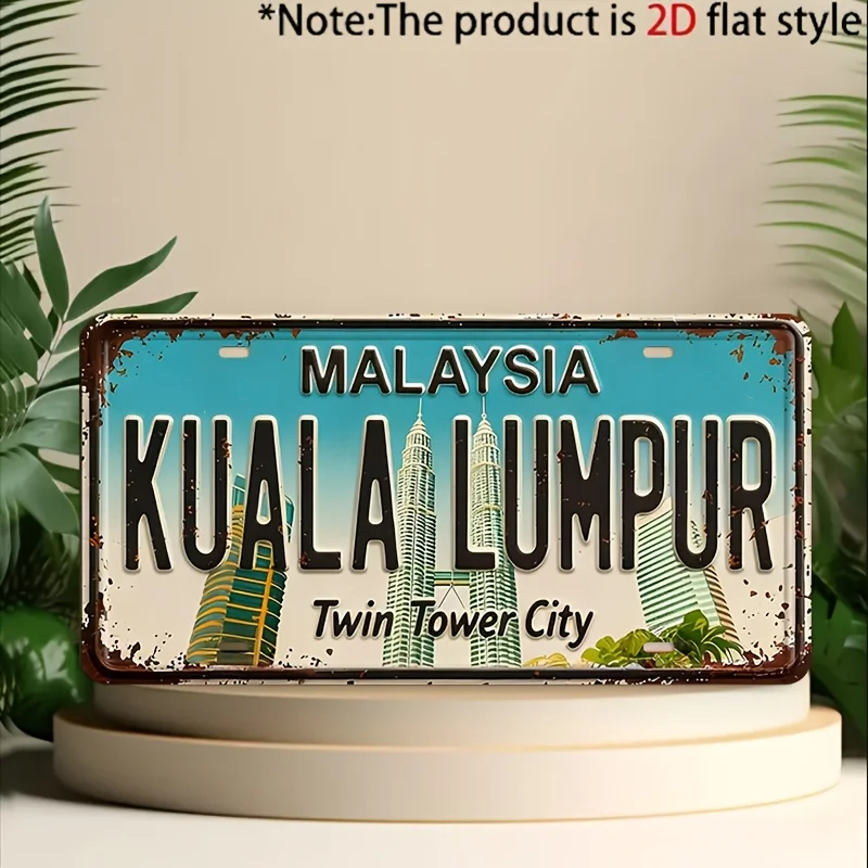 2D Flat, 2D Flat - Decorative Only, 1pc, Vintage Kuala Lumpur Metal License Plate Decorative Plaque and Ornament, Suitable for H