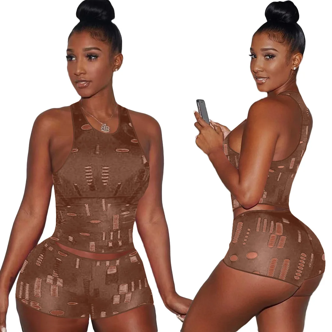 Fitness Hole Hollow Out Summer Two Piece Set Women Solid Sleeveless Vest Crop Tops Bikers Shorts Outfit Yoga Sportwear Tracksuit