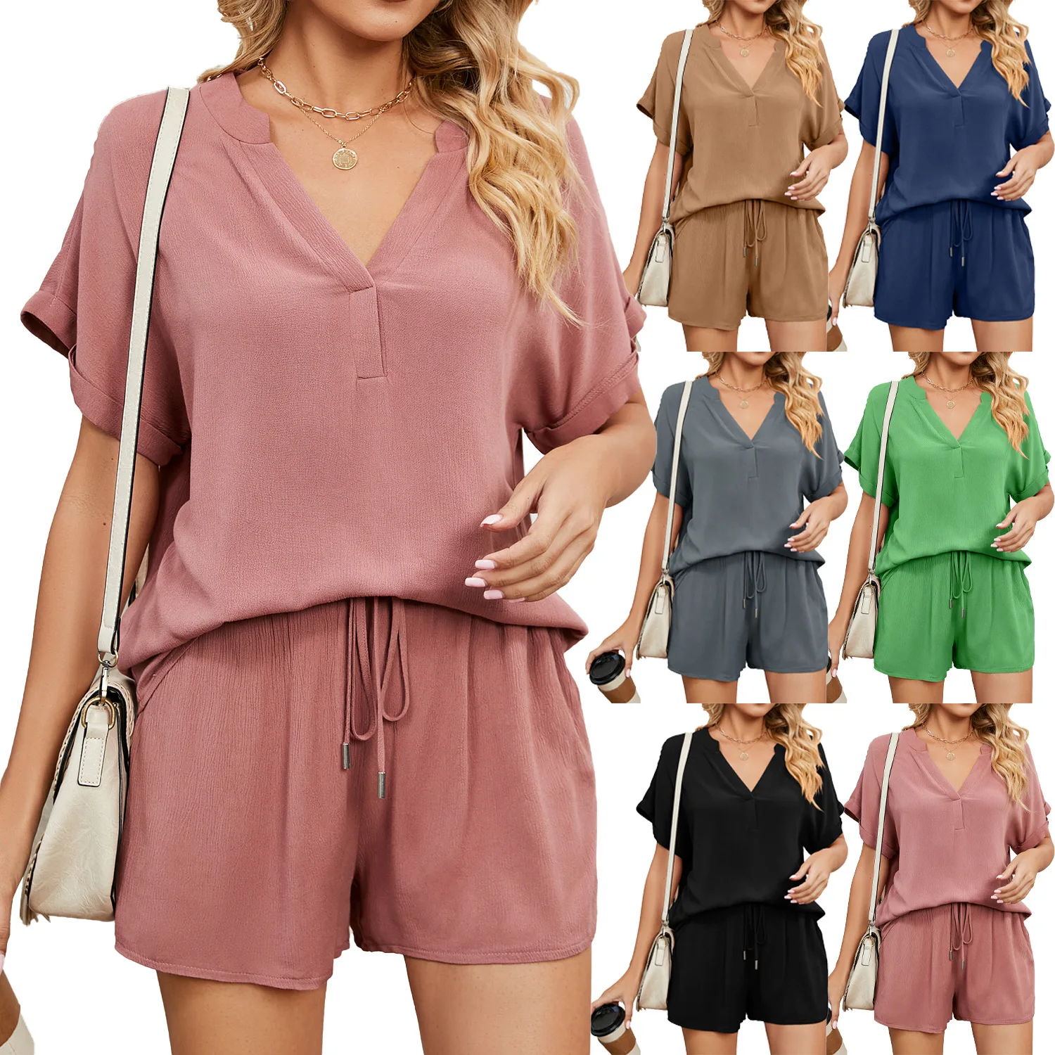 Spring and summer solid color V-neck loose T-shirt shorts home leisure suit