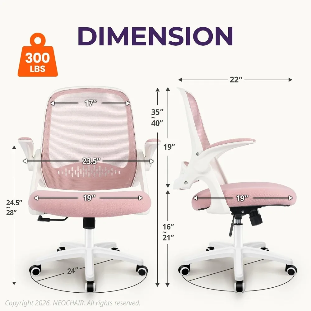 Ergonomic Mesh Office Chair with Lumbar Support, Adjustable Height & Flip-up Arms, Swivel Rolling Wheels, Pink view 2