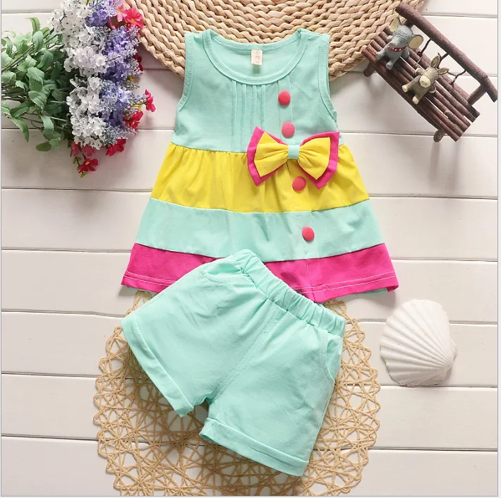 Sommerliches Baby-Mädchen-Set: Farbblock-Kleid ohne Ärmel mit Shorts, Niedlicher Großer Schleifenknoten, 2-teiliges Lässiges Outfit für Strand und Freizeit – Detail 1