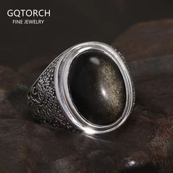 925 Sterling Silver Natural Golden Obsidian Ring for Men Engraved Tree Authentic Gemstone Turkish Rings Vintage Female Jewelry