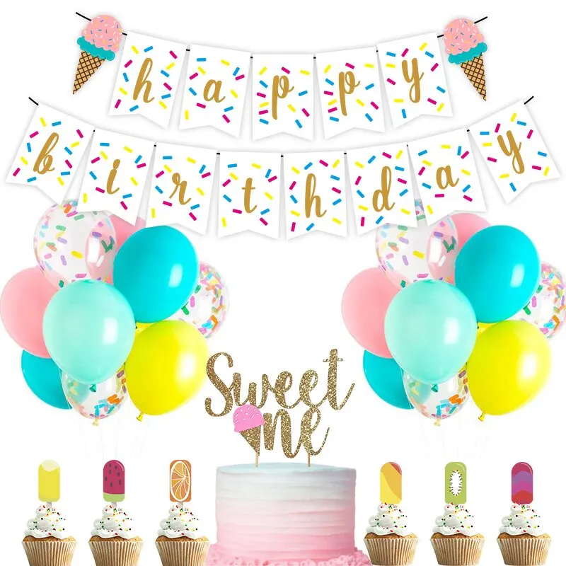 

Sursurprise-Ice Cream Themed Party Decorations, Sweet One Cake Topper, Happy Birthday Banner, Balloons for Girl, 1st Birthday