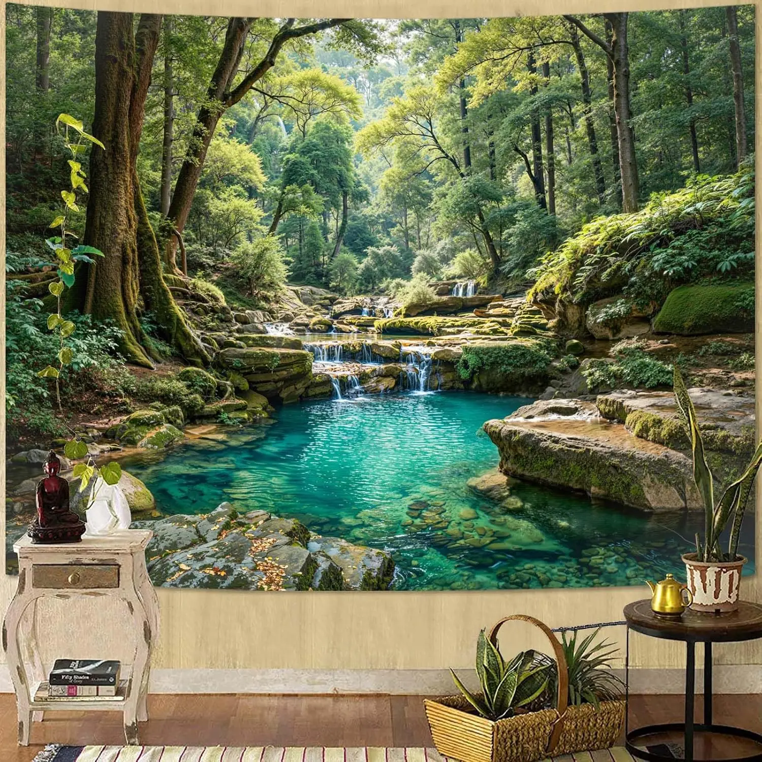 Nature Forest Tapestry Green Tree Wall Tapestry for Bedroom Aesthetic Plant Stream Pool Landscape Small Tapestries Wall Hanging