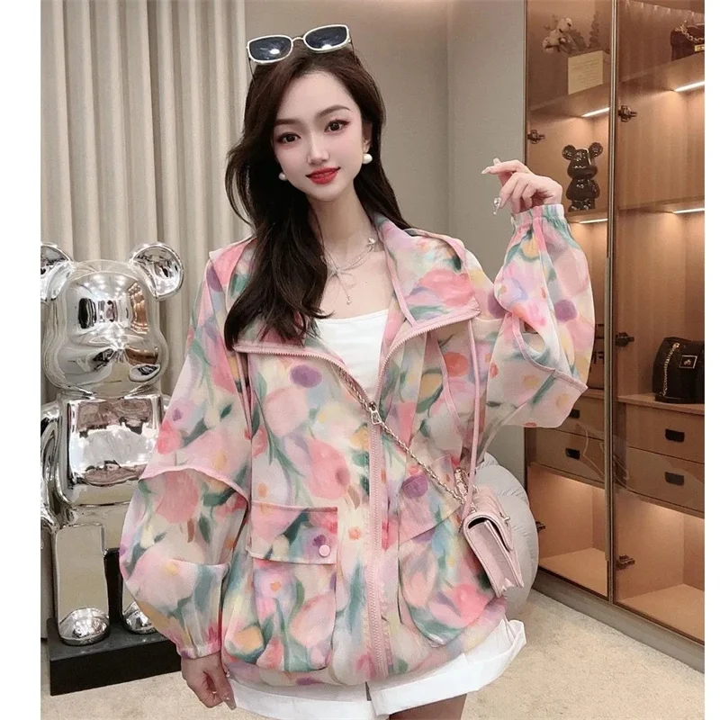 Double Pocket Ice Silk Hooded Sunscreen Coat Women's Jacket 2026 Summer New Fashion Versatile Top Coat Thin Printed Outerwear