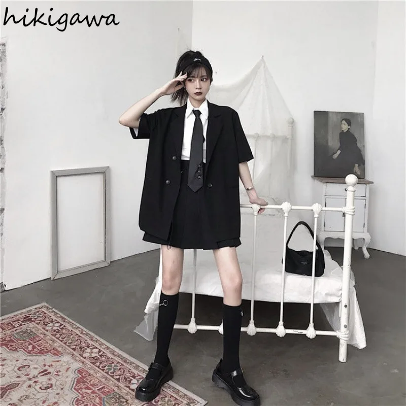 Black Blazer Mujer De Moda 2024 Summer Thin Harajuku Jackets Short Sleeve Double-breasted Oversized Tops Fashion Casual Coat