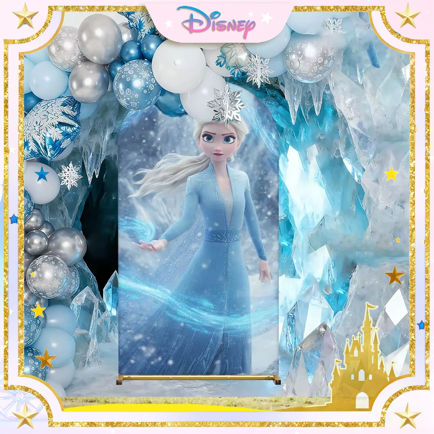 

Disney Frozen-themed backdrop with blue and silver snowflake balloon arch Elsa children's birthday party decorative backdrop