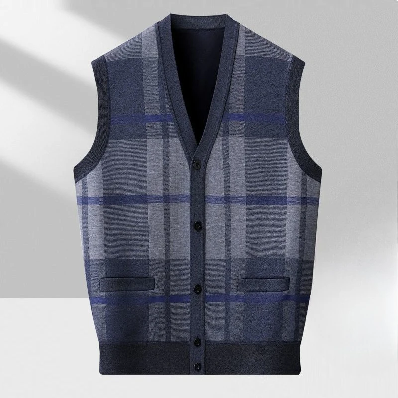 

Мужской клетчатый вязаный кардиган, жилет, теплая флисовая подкладка, свободный крой, полосатый жилет для пожилых джентльменов, осенне-зимняя повседневная одежда