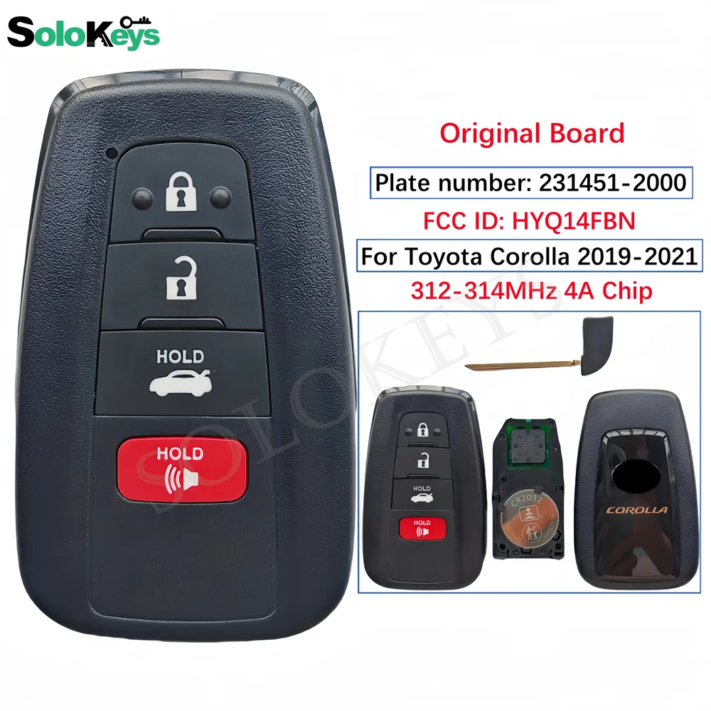 

SOLOKEYS FCCID:HYQ14FBN Original Board 231451-2000 For Toyota Corolla 2019-2021 Smart Key 312-314MHz 4A Chip 4 Buttons With LOGO