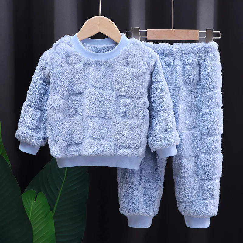 Baby Warm Children Pajamas Autumn Winter Flannel Girls Home Wear Set Boys Long-Sleeved Pullover Sleepwear Boys 2Pcs Outfits