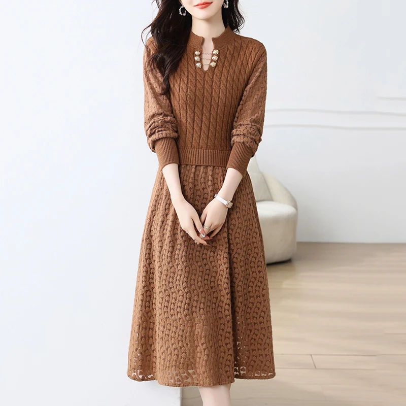 2023 Autumn/Winter Knitted Sweater Jacquard Long Sleeve Warm Dress Fake Two Pieces Loose Large Underlay Slim Knitted Long Dress