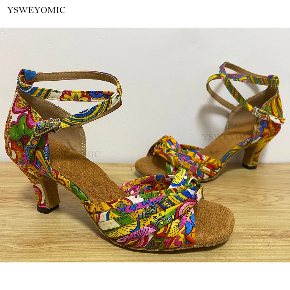 Colorful Printing Latin Dance Shoes for Women Soft Sole Flexible Sole Indoor and Outdoor Latin Salsa Dancing Sandals