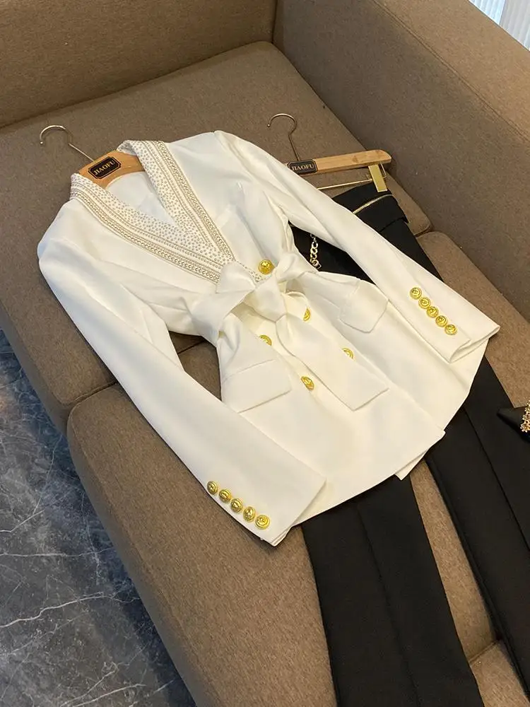 

Белый тяжелый рабочий джет с металлической пластиной и поясом на талии Qingguo, воротник средней длины, костюмное пальто для женщин, поездка на работу, Sle A6442